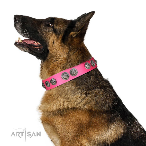 Comfortable pink leather German Shepherd collar