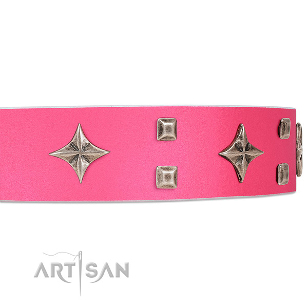 Premium quality pink leather dog collar with attractive stars and studs