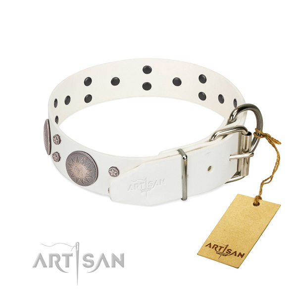 Fabulous white genuine leather dog collar for daily walking