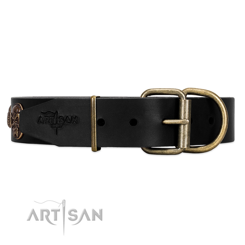 Easy to Adjust Black Leather Dog Collar with Sturdy Buckle