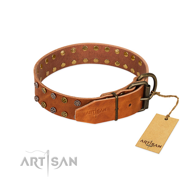 Tan Leather Dog Collar with Durable Buckle and D-Ring