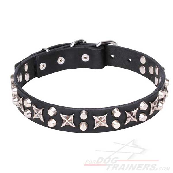 Leather collar with metal stars and cones for your dog