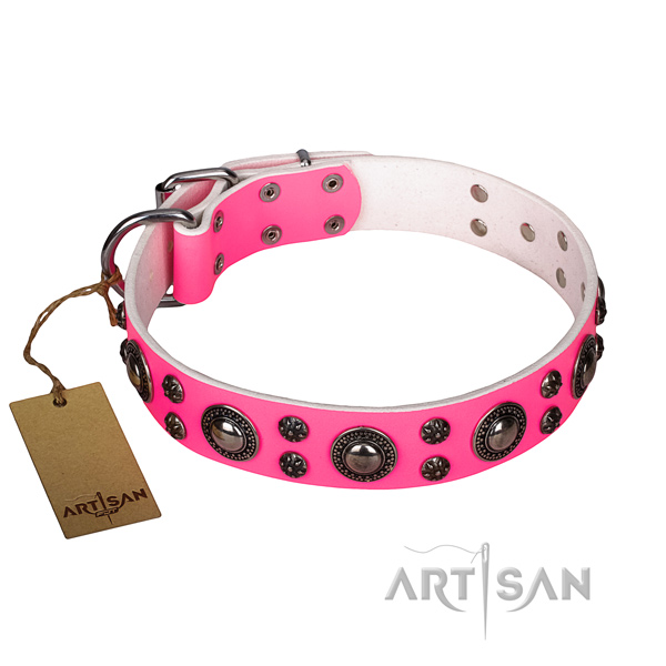Adorned pink leather dog collar