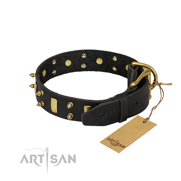 Strong black dog collar made of genuine leather