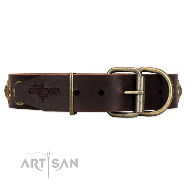 Handmade Brown Leather Dog Collar with Rust-proof Hardware