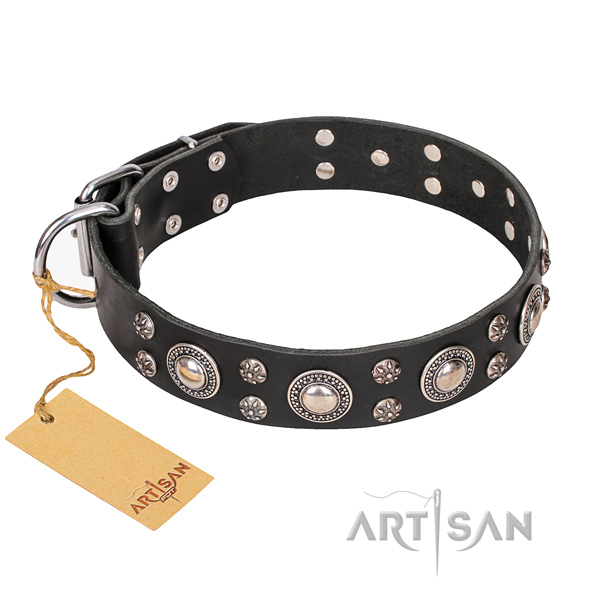 Adorned black leather dog collar with round circles