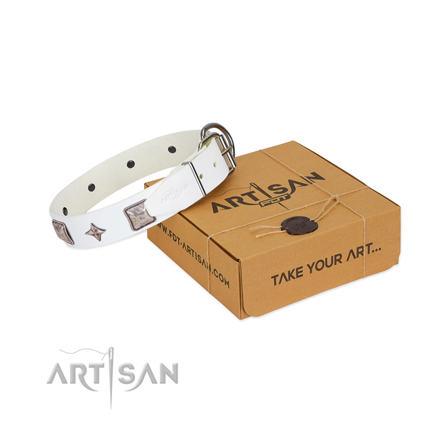 Decorated white leather dog collar for daily wear