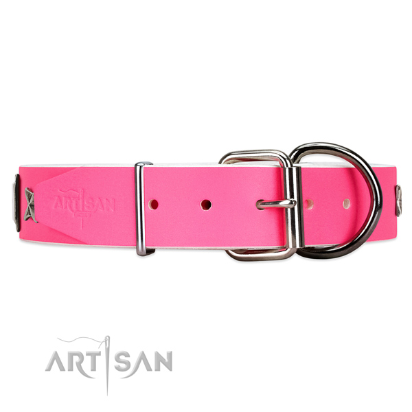 Trendy pink leather dog collar with chrome plated hardware