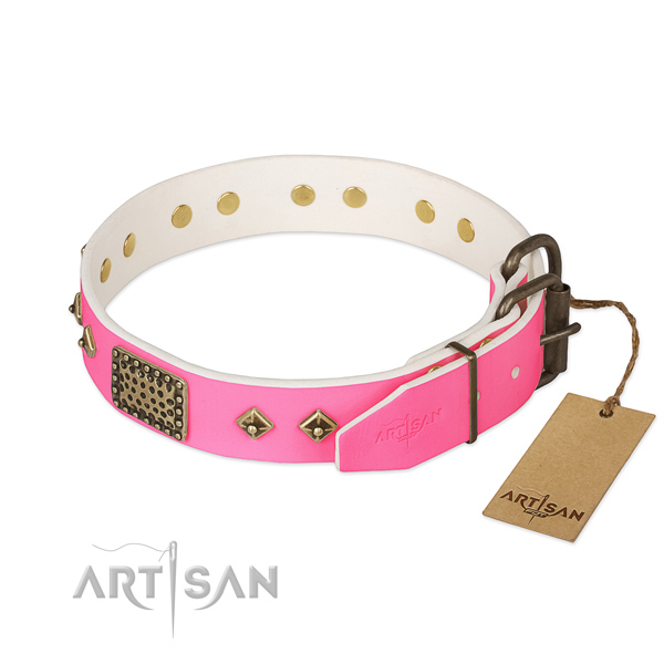 Comfortable buckled pink leather dog collar