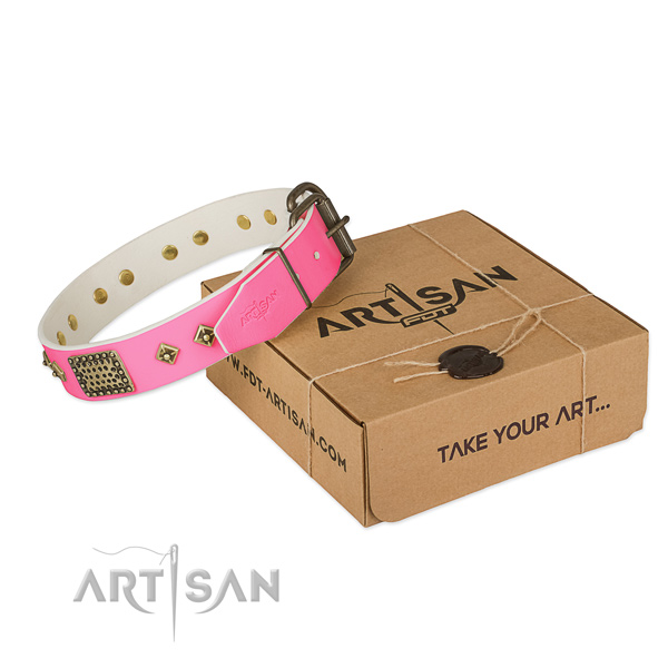 Pink leather dog collar with hand set studs