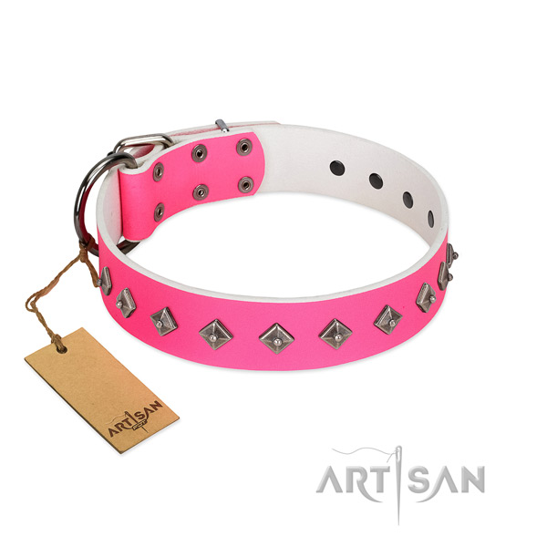 Extraordinary Pink Leather Dog Collar with Unique Adornments