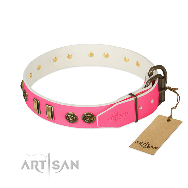 Pink leather dog collar with sturdy and reliable buckle