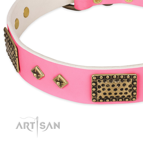 Pink leather dog collar for comfy wearing