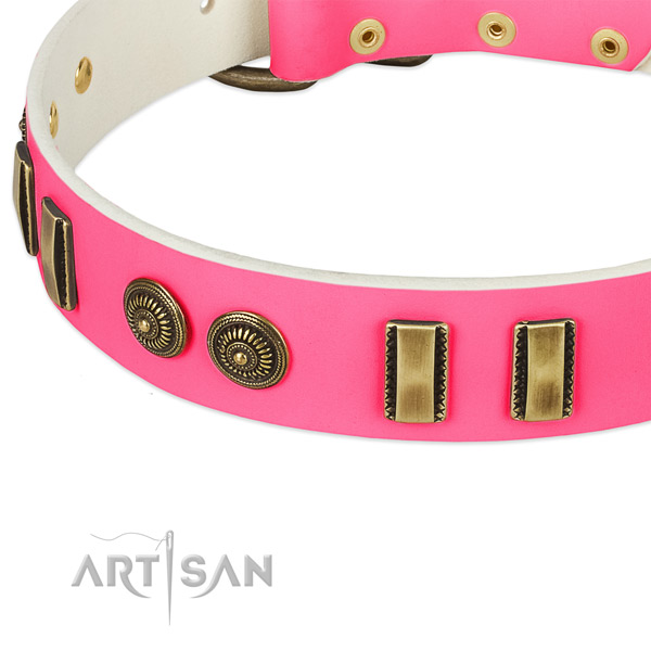 Reliable pink leather dog collar with old bronze look decorations