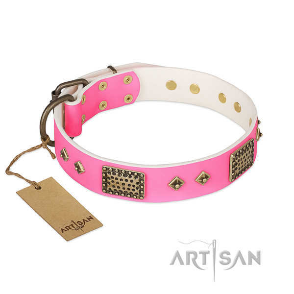 Handcrafted pink leather dog collar