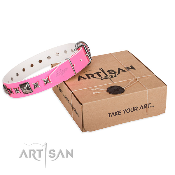 Simply elegant pink leather dog collar with decorations