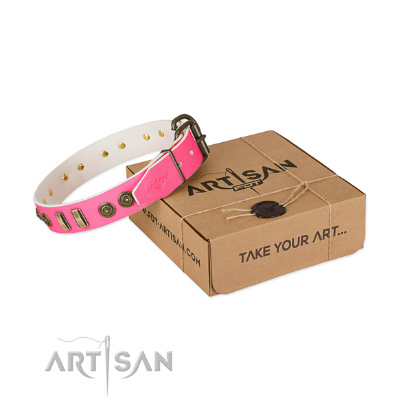 Awesome pink leather dog collar with decorations