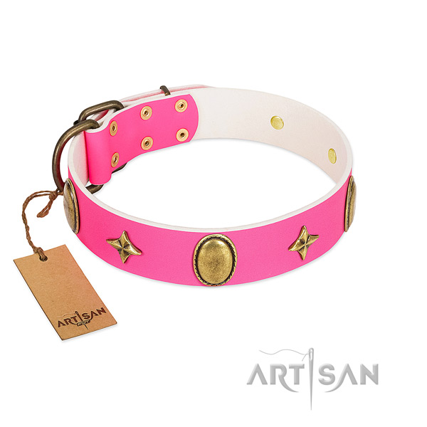 Pink leather dog collar crafted of dog-safe materials