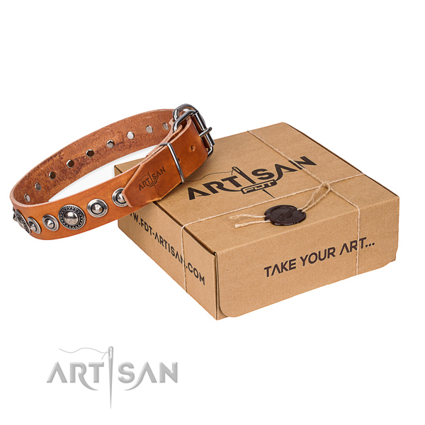 Convenient to wear tan leather dog collar