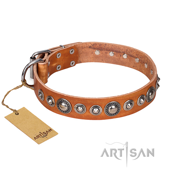 Handcrafted tan leather dog collar