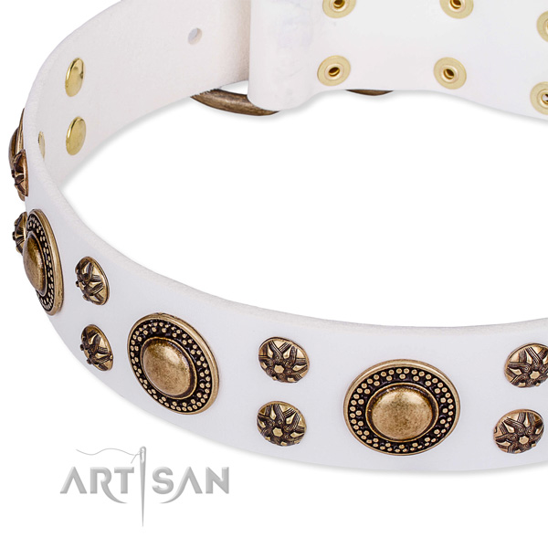 Decorated by hand white leather dog collar