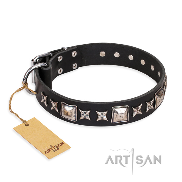 Decorated black leather dog collar