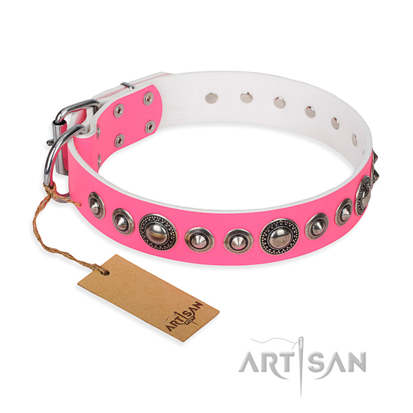 Smart-looking pink leather dog collar with decorations
