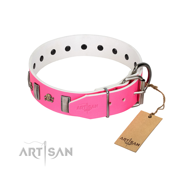 Studded leather dog collar with silver-like plated fittings