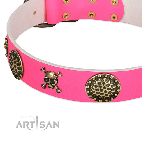 Pink leather dog collar with vintage decorations