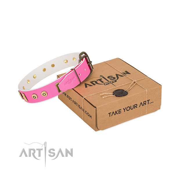 Designer bright pink leather dog collar for walks
