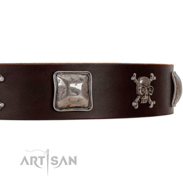 Brown Dog Collar with Old-bronze Plated Decorations