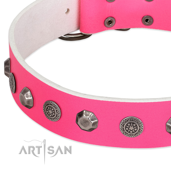 Pink leather dog collar with vintage decorations