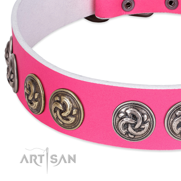 Pink leather dog collar with vintage decorations