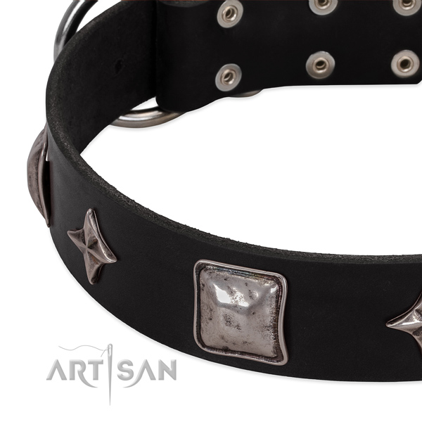 Black leather dog collar with vintage decorations