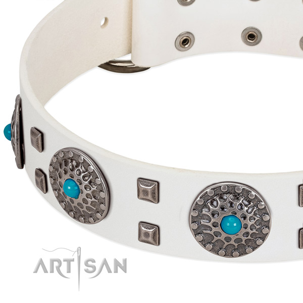 White leather dog collar with vintage decorations