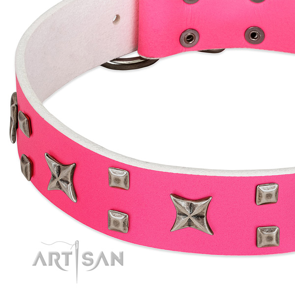 Pink leather dog collar with modern decorations
