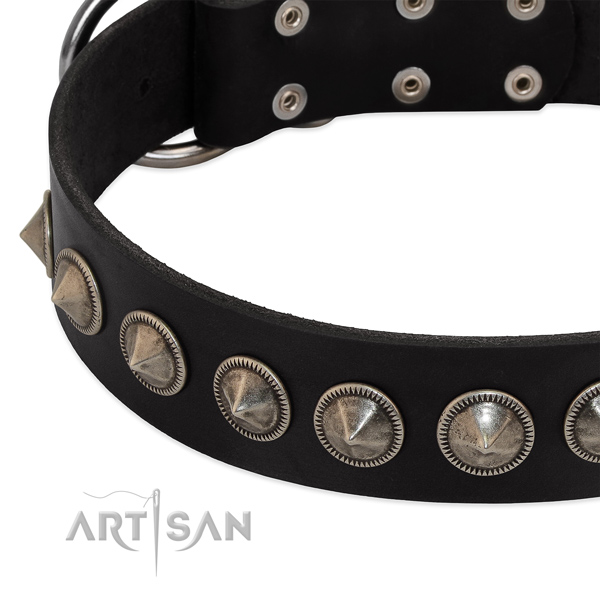 Black leather dog collar with vintage decorations