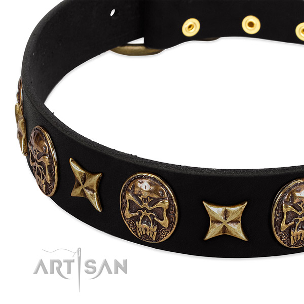 Old bronze-like stars and skulls on black leather FDT Artisan collar