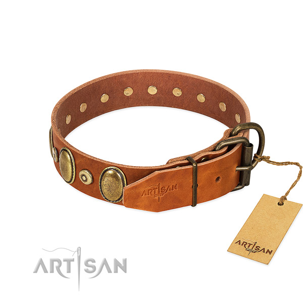 Bronze-Like Plated Medallions and Studs on Tan Leather Dog Collar