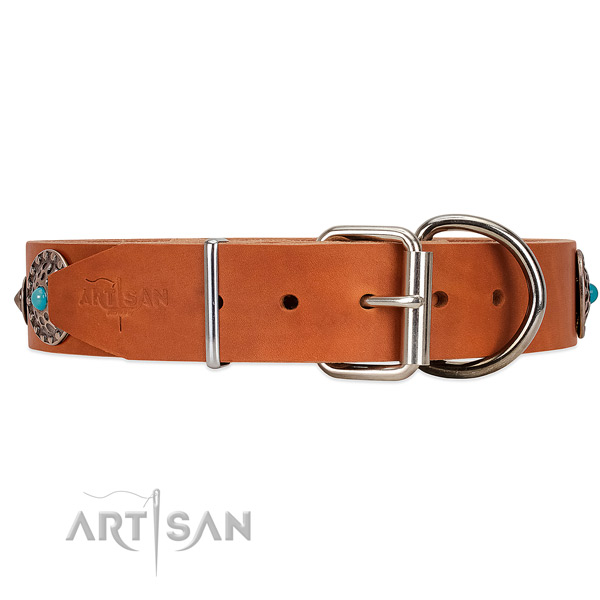 Tan Leather dog collar with silver-like hardware with blue stones