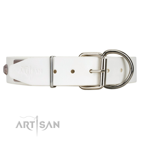 Extra Strong White Leather Dog Collar with Riveted Buckle 