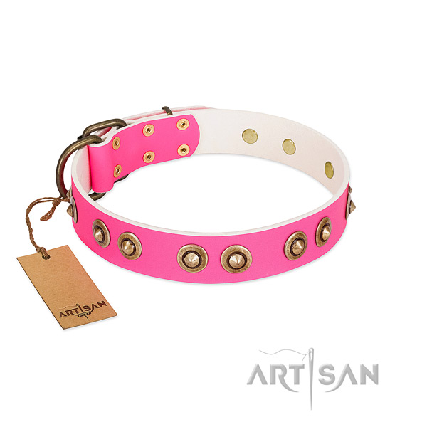 Pink Adorned Leather Dog Collar for Comfortable Walking