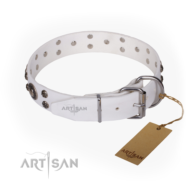 White leather dog collar with sturdy fittings