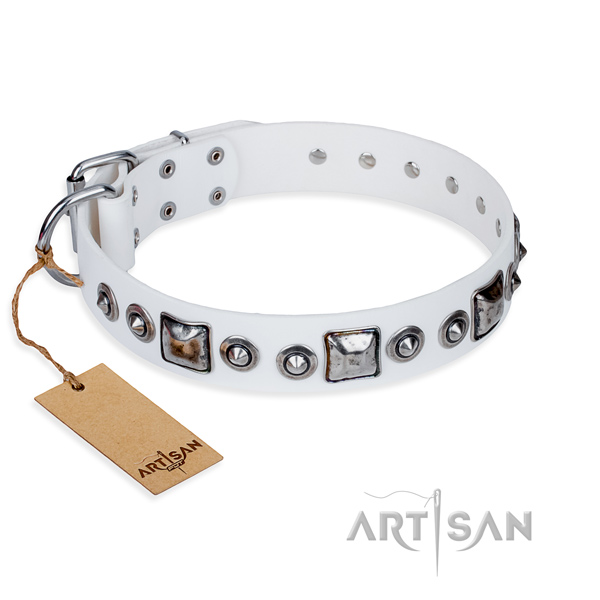 White leather dog collar with bulging adornments