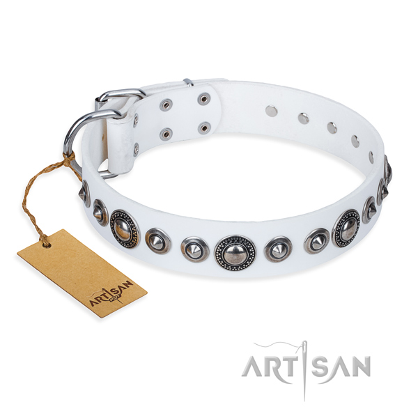 Handcrafted white leather dog collar with decorations