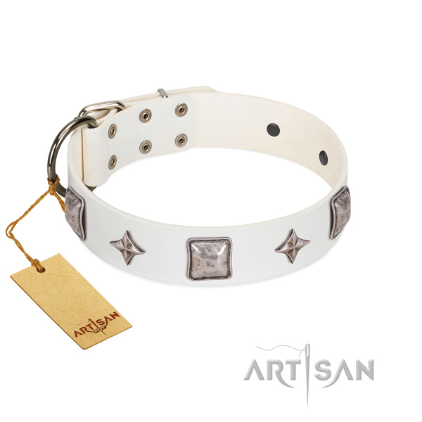 Matchless design dog collar of white genuine leather