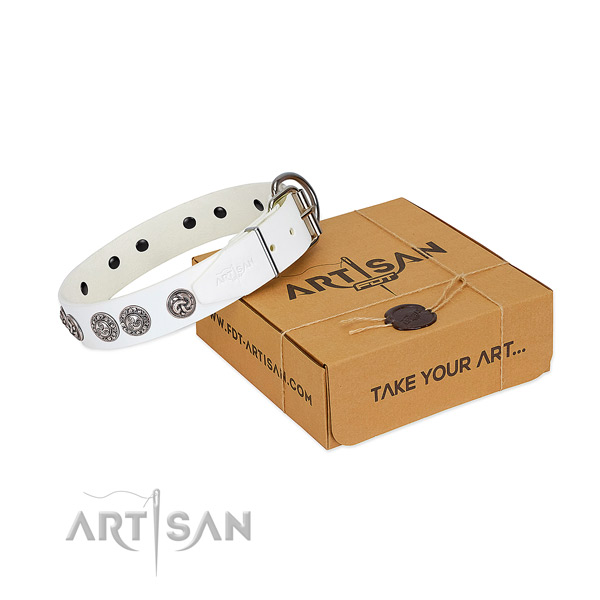 Super comfortable white leather dog collar with medallions