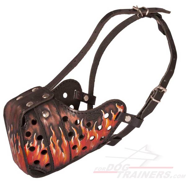 Leather dog muzzle with special painting on