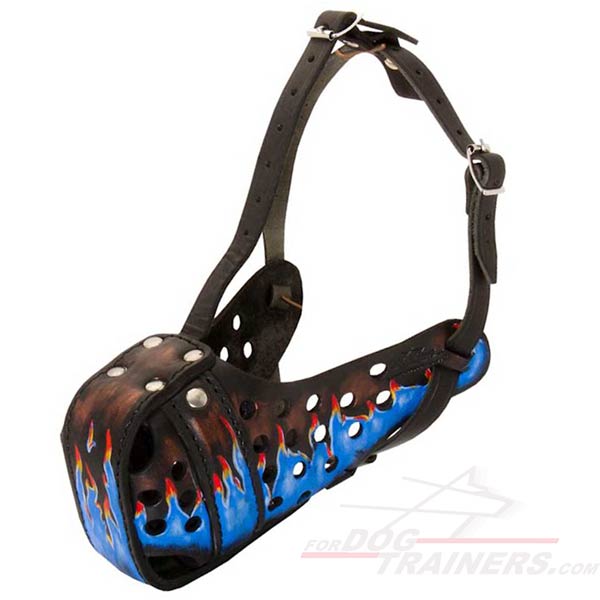 Blue fire leather hand painted dog muzzle for dog training