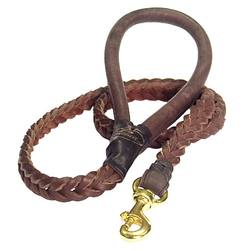Braided Brown Leather Dog Leash - ROUND LEATHER HANDLE - L12